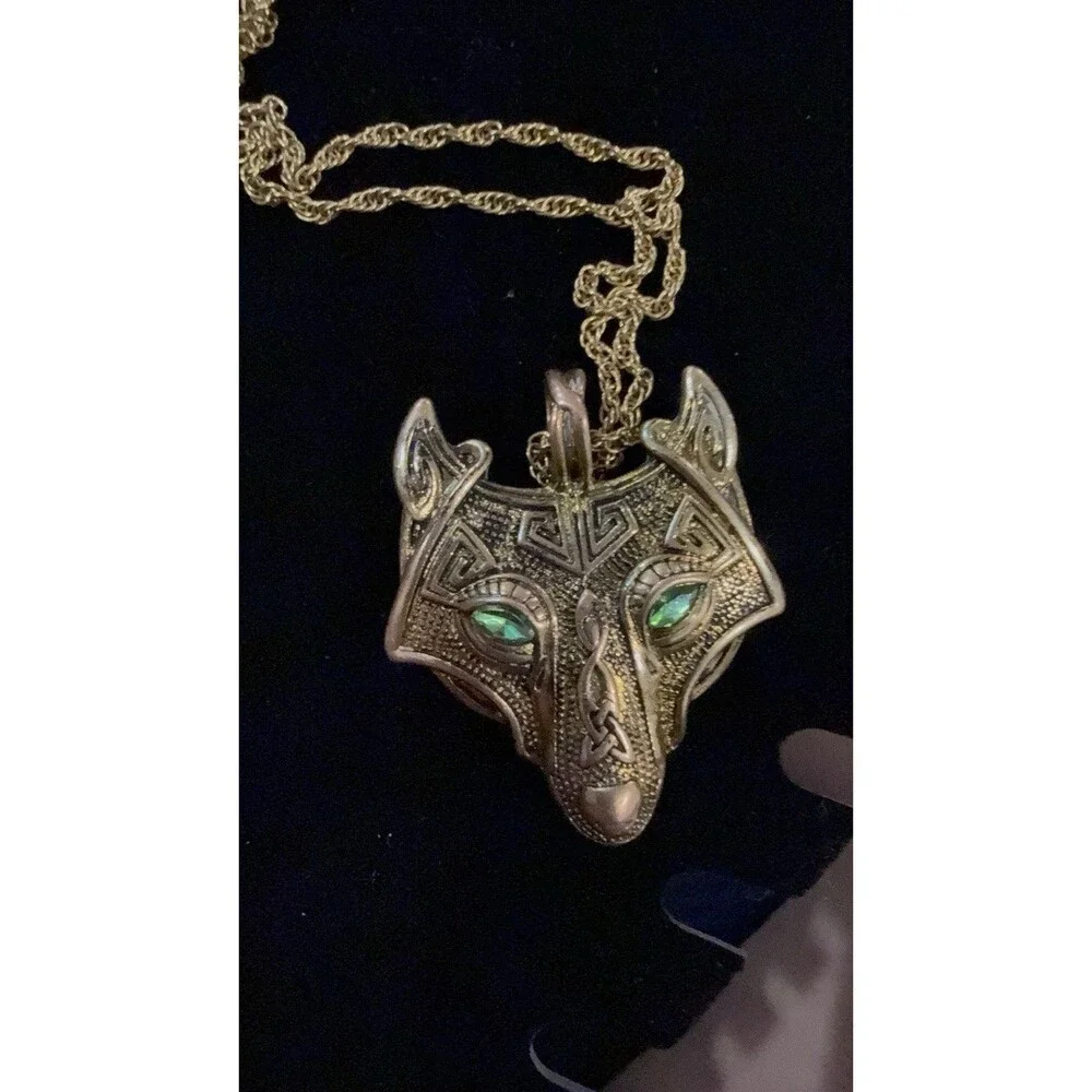Wolf Head Pendant Bronze Tone Necklace Green Glass Eye Celtic Statement 16”